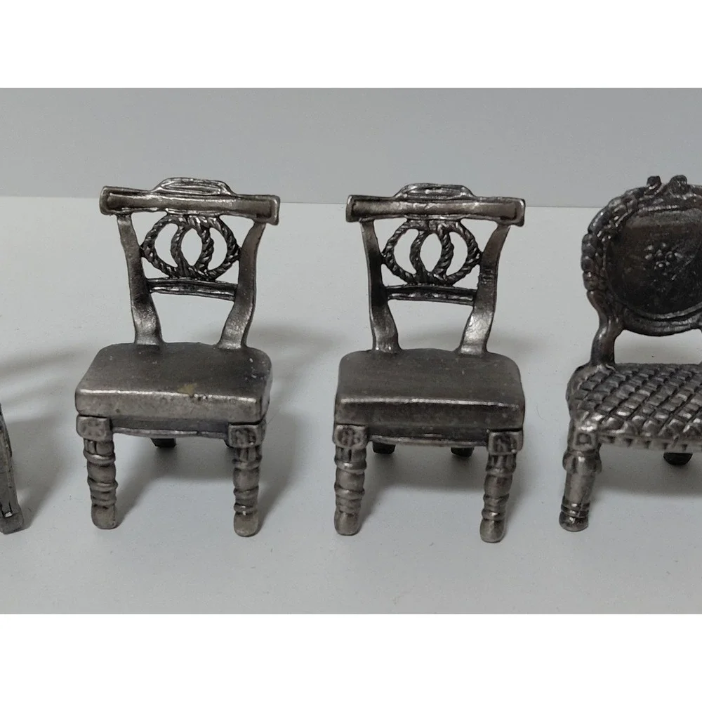Vintage Miniature Pewter Chairs Set of 8 Victorian Dollhouse Furniture Six Trees